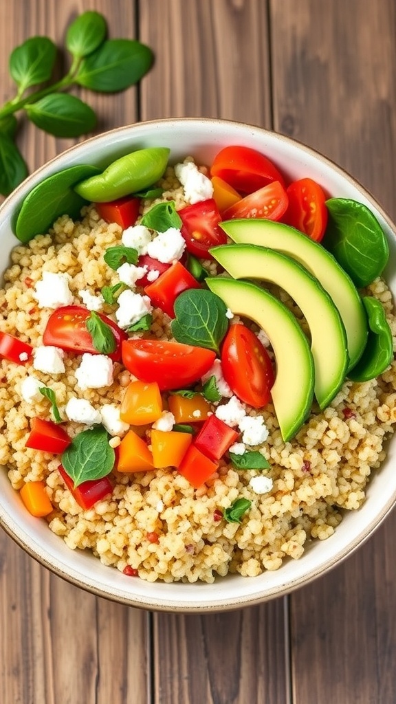 A colorful quinoa bowl with cherry tomatoes, bell peppers, spinach, avocado, and feta cheese on a wooden table.
